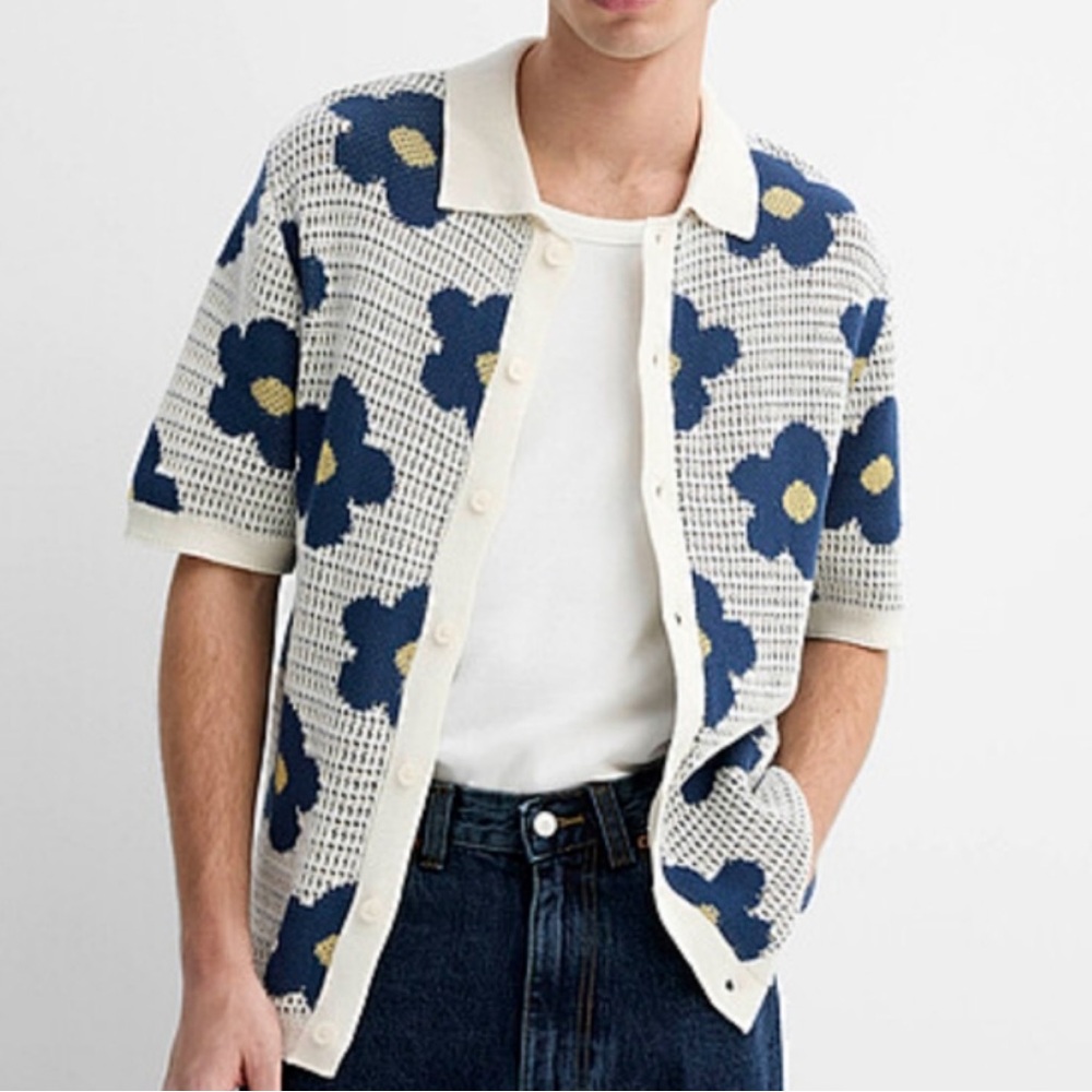 Cream Cardigan with Navy Floral Knit - Men